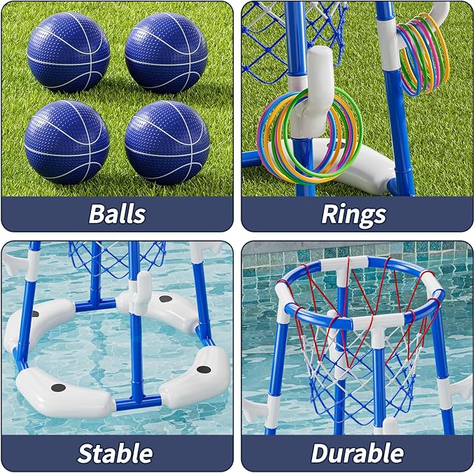 JUKUDAHU Pool Basketball Hoop, Boy Pool Toys for Kids Ages 4-8, 2-in-1 Floating Pool Ring Game with 4 Balls and Pump, Outdoor Swimming Water Play Toy, Summer Water Toys for Kids Adults Age 3-12
