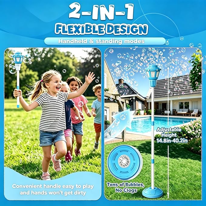 Bubble Machine for Kids Toddlers - Rechargeable Automatic Bubble Machine with Lights, Bubble Blower with Adjustable Stand up to 47 Inch for Backyard Games, Birthday Party, Outdoor Play