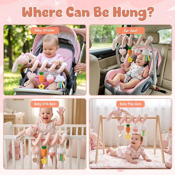 Stuffed Pink Bunny Spiral Car Seat Toys for Babies 0-6 Months, Infant Stroller Toy with Plush Carrot & Star Teether Hanging, Baby Registry Search & Shower Gifts for Newborn Girls