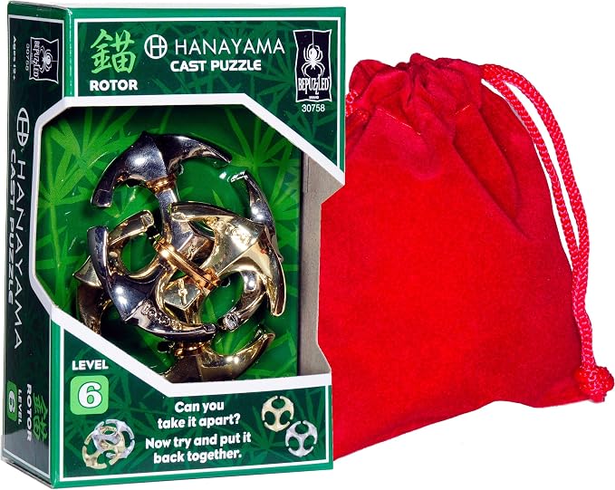 Rotor Hanayama Puzzle, New 2020 Release, Level 6 Difficulty, RED Velveteen Pouch