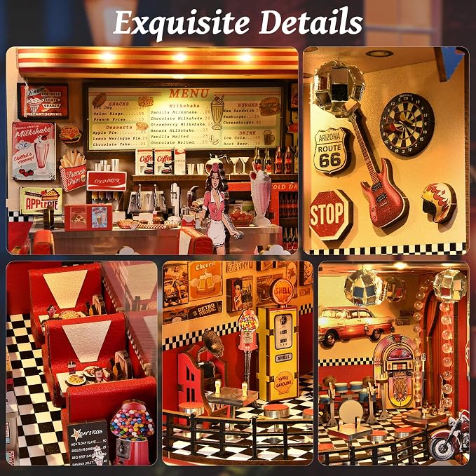 fifijoy Book Nook Kit - DIY Miniature House Kit for Adults, Retro 1950s Diner Tiny House Building Kit with LED, Dollhouse Kit Bookshelf Insert Decor Gifts of Family and Friends (1950s Diner)