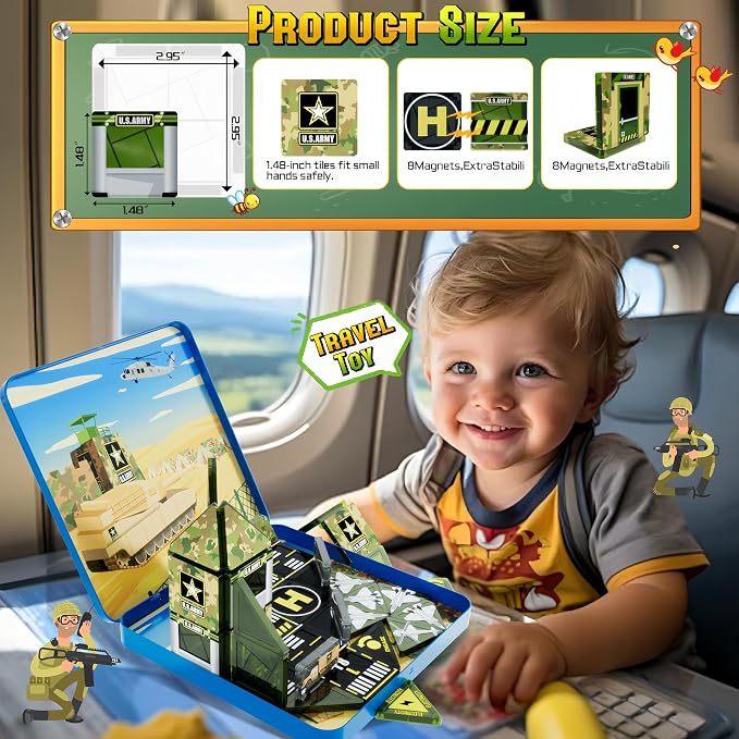 48pcs Mini Magnetic Tiles, Military Engineering Building Blocks Set in Iron Box, Portable STEM Army Travel Toys for Kids, Quiet On-the-Go Activities & Preschool Learning for Toddlers