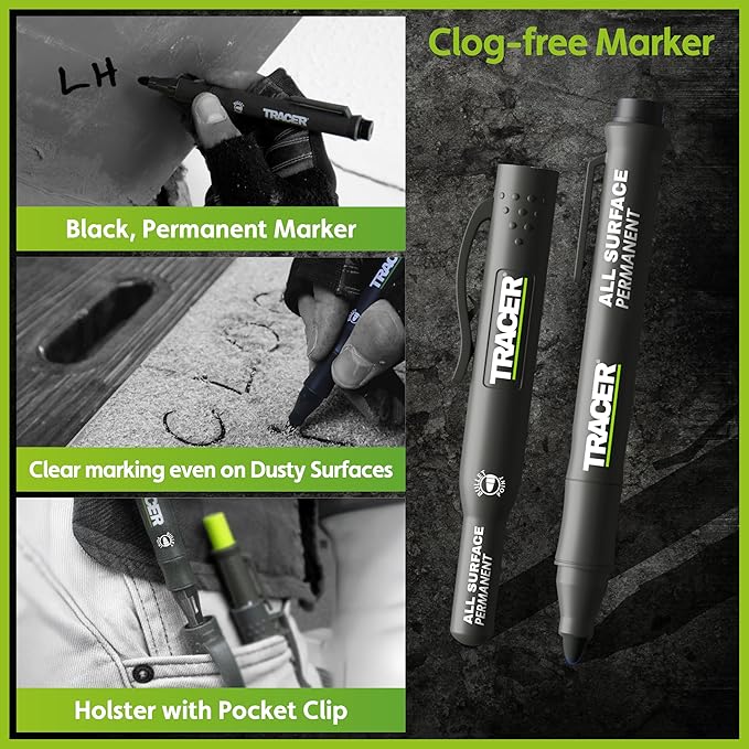 Tracer 5 Piece Construction Marker Kit - Deep Hole Carpenter Pencil Set with 2 Deep Hole Marking Pens, Heavy Duty Clog-Free Marker, 2.8mm Replacement Leads & Storage Case for Woodworking Tools