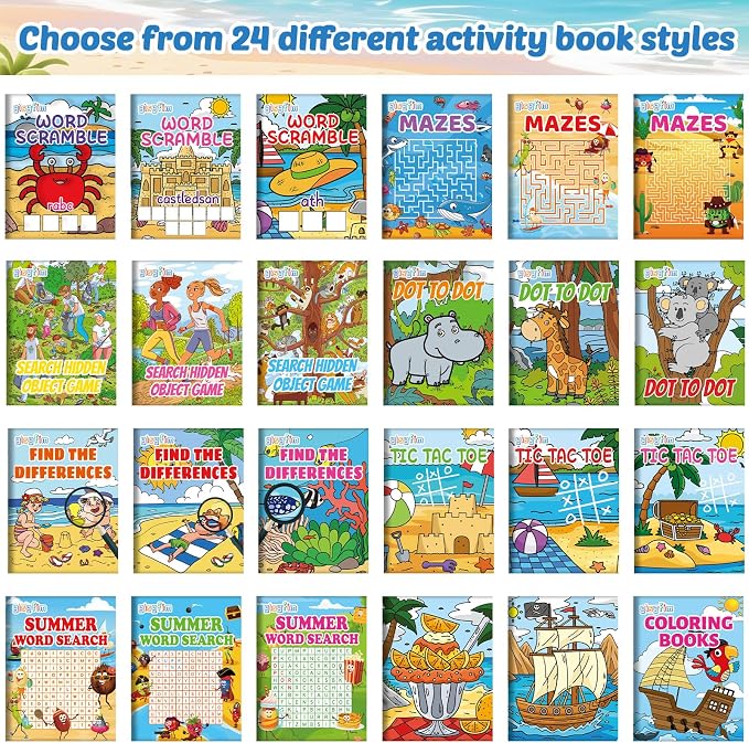 gisgfim 48 PCS Summer Mini Activity Books Coloring Books Party Favors Bulk Challenging Game Include Maze Dot to Dot Word Search Word Scramble for Ages 4-12 Goodie Bags Stuffers Kids Wedding Activities