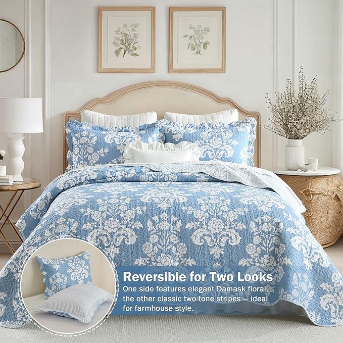 Queen Size Quilt Set 3 Pieces - Light Blue and White Floral Scalloped Quilt with Shams, 100% Cotton Lightweight Reversible Bedspread for Bedroom & Guest Room, 90×98''