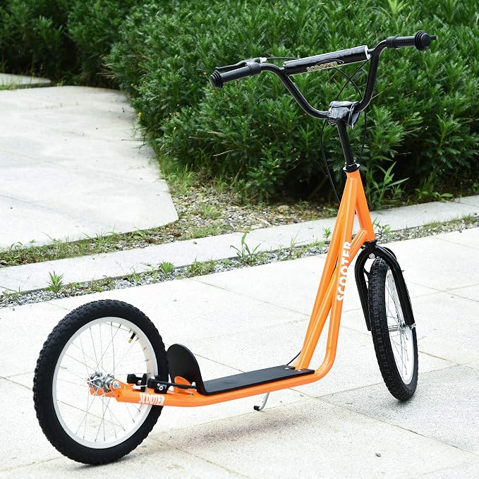 Aosom Youth Scooter Kick Scooter for Kids 5+, Max Load 220 LBS., with Adjustable Handlebar, 16" Inflatable Wheels, Dual Brakes