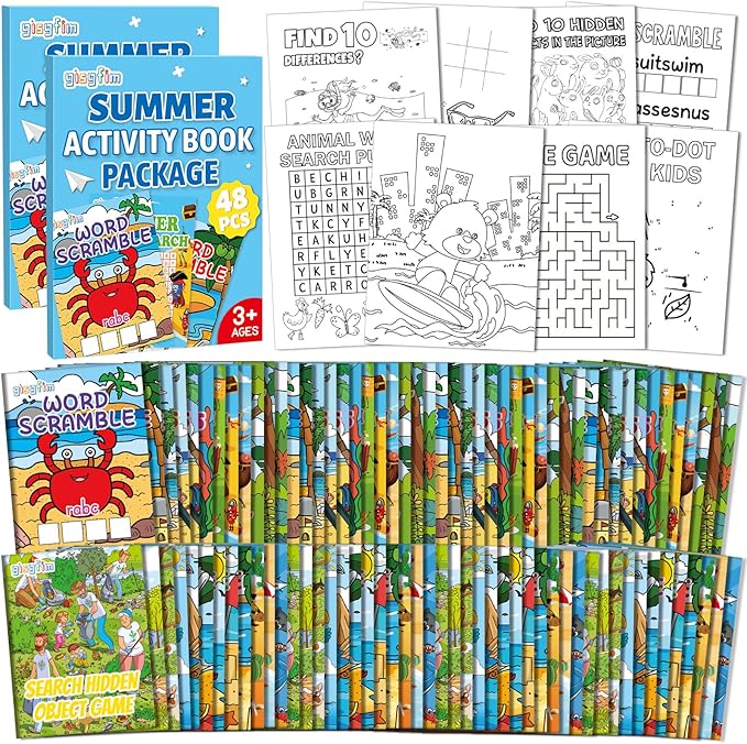 gisgfim 192 PCS Summer Mini Activity Books Coloring Books Party Favors Bulk Challenging Game Include Maze Dot to Dot Word Search Word Scramble for Ages 4-12 Goodie Bags Stuffers Kid Wedding Activities