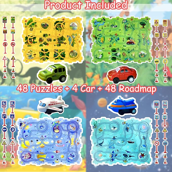 100PCS Puzzle Racer Kids Car Track Set Puzzle Racer Car Track Set with Roadmap Puzzle Track Car Play Set Toy for Kids 3-8 Years Old - 4 Style