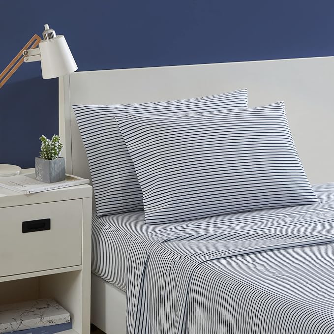 Nautica- Full Sheet Set, Cotton Percale Bedding Set, Crisp & Cool, Lightweight & Breathable (Harmead Navy, Full)