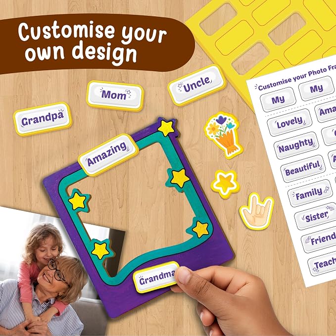 Imagimake DIY Wood Art Photo Frame | 45+ Foam Stickers | Glitter Glue | 8 Year Old Girl Gifts & Boys Gifts | Art Set for Kids Ages 5-8 | Wooden Painting Crafts for Kids Age 5,6,7,8 & Above