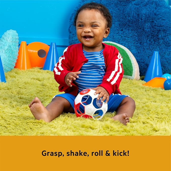 Bright Starts Oball Grippin' Goals Rattle Soccer Ball - Red, White & Blue, Easy-Grasp Toy for Newborn and Up