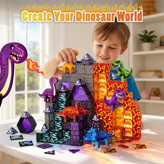 GobiDex 80PCS Dinosaur Toys Magnetic Tiles with 6 Dinosaurs - Jurassic Scenes Dinosaur World Adventure Set, Magnetic Blocks for Kids Ages 3-5 4-8, STEM Building Toys for 3+ Year Old Boy Birthday Gifts