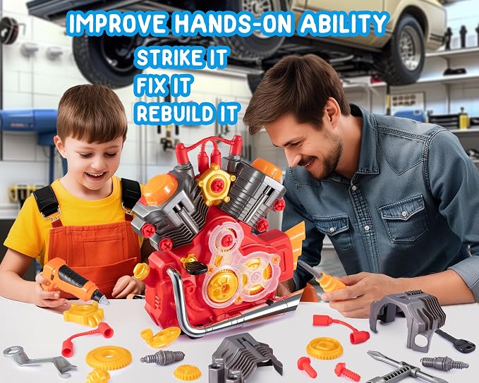 POFJOEQ Engine Building Kit, Kids Mechanic Repair Set for Kids Motorcycle Engine，Take Apart Toys-42pc Playset，STEM Engine Model Kit Toy with Cool Lights&Sounds，Educational Toys for 3+ Year Old (red)