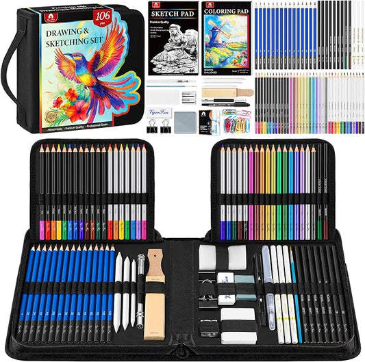 106 PCS Art Supplies Sketching Kit, Pro Drawing Pencils with 3-Color Sketchbook, Coloring Book, Colored Graphite Charcoal Watercolor & Metallic Pencils, Drawing Supplies Gifts for Artists Adults