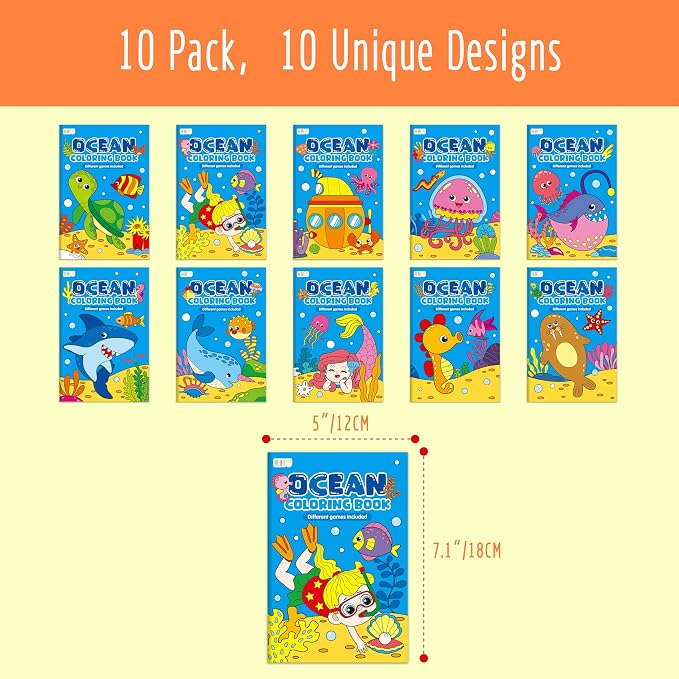 10 Pack Coloring Books for Kids, Ocean Theme Coloring Page with Games, Under the Sea Bulk Mini Coloring Books for Kids, Party Activity, Gifts