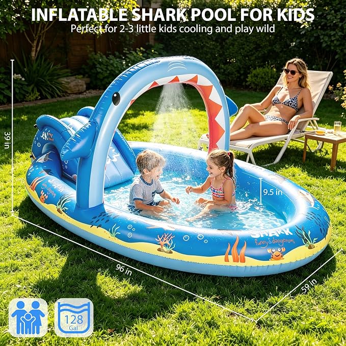 Inflatable Ocean Shark Play Center, Summer Splash Pad Kids Pool with Slide&Sprinkler, Blow Up Toddler Water Pool for Backyard and Garden 96''x59''x39''