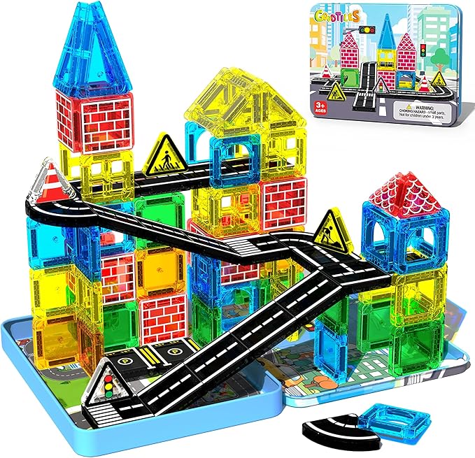 Goodtiles Mini Magnetic Tiles Road Set,STEM Building Toys for Kids Ages 3-8 | Screen-free Travel Toys, Preschool Magnetic Building Blocks, Birthday Gifts for Boys Girls 3+