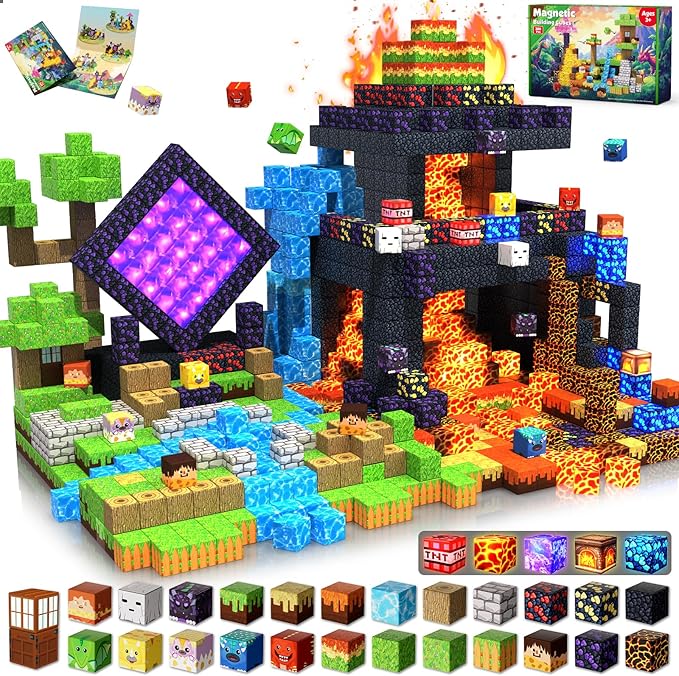 Magnetic Blocks - 300 PCS with Light Up Blocks Dinosaur Volcano Forest Castle Set - Kids Classroom Sensory Toy for Toddlers STEM, Construction Stacking Toy Kids 3+ Boys easter basket stuffers