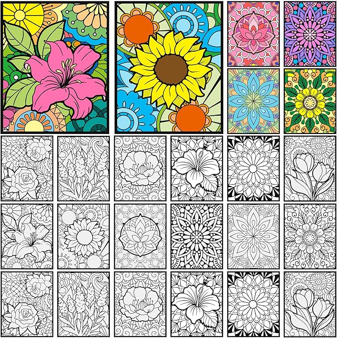 Cinrobiye 48 Pcs Velvet Coloring Posters Floral Fuzzy Posters to Color Bulk Felt Flower Coloring Page Craft for Adults Teenagers All Ages Classroom Assisted Living Festive Holiday Art&Craft Activity