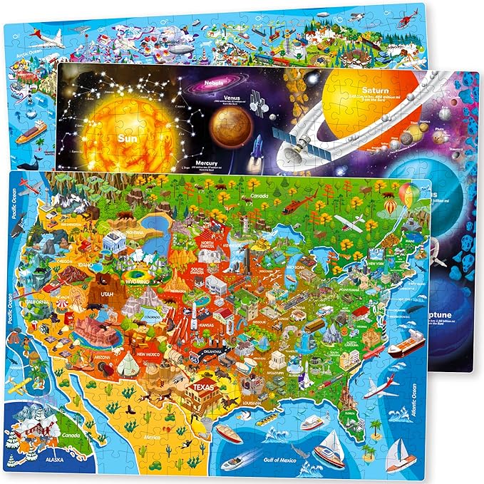 Adducate Puzzles for Adults 500 Pieces - 3 Set Floor Puzzles for Adults - Learning Map of The United States World Space - Educational Games - Toys for 15 Year Old Boys and Girls