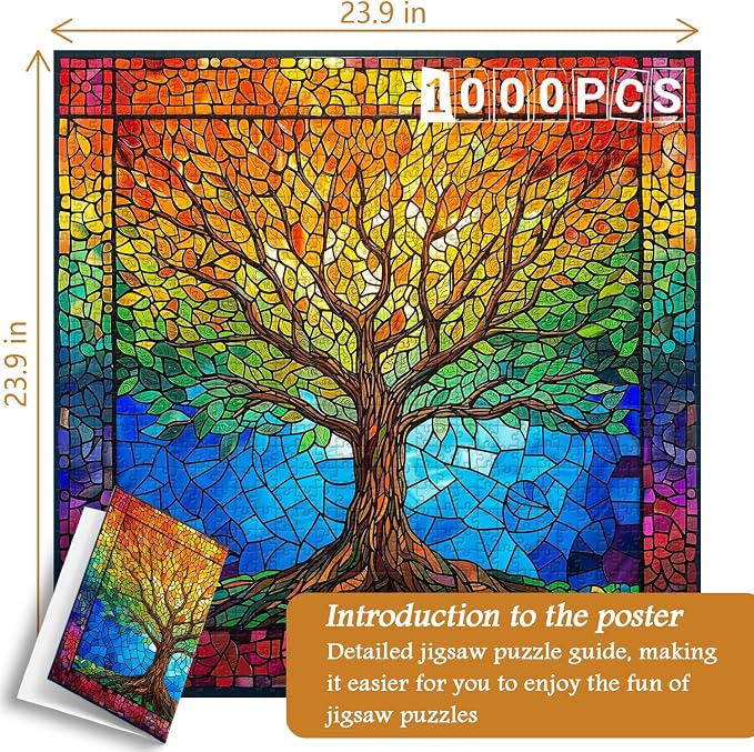 PICKFORU Stained Glass Puzzles for Adults 1000 Pieces and up, Mosaic Tree of Life Puzzle Unique Rainbow Puzzles, Colorful Difficult Jigsaw Puzzles for Adults
