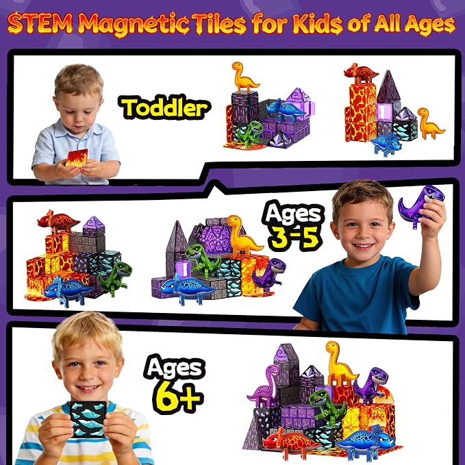GobiDex 80PCS Dinosaur Toys Magnetic Tiles with 6 Dinosaurs - Jurassic Scenes Dinosaur World Adventure Set, Magnetic Blocks for Kids Ages 3-5 4-8, STEM Building Toys for 3+ Year Old Boy Birthday Gifts