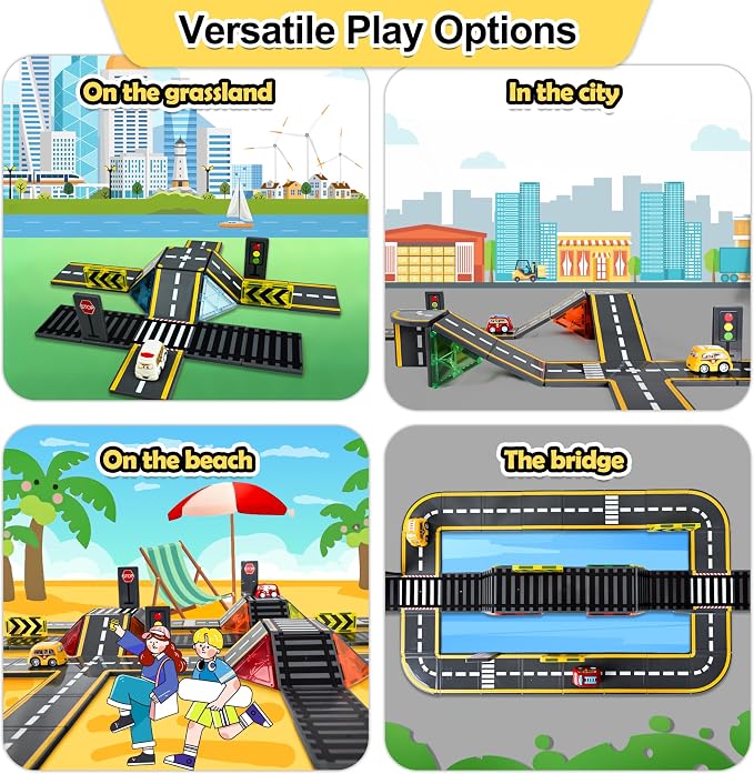 72pcs Upgraded Magnetic Tiles Road & Train Dual-Sided Expansion Pack, Magnetic Building Blocks Construction Toy for 3+Year Old Boys Girls, Kids Toys Montessori Toys for Toddler, STEM Learning Gifts