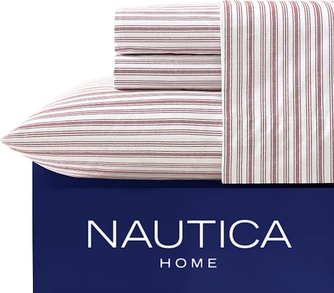 Nautica - Twin Sheets, Cotton Percale Bedding Set, Fully Elasticized, Ideal Dorm Essentials (Coleridge Stripe Red, Twin)