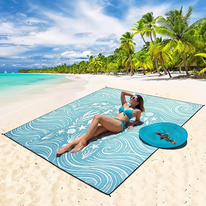 WIWIGO Beach Blanket Waterproof Sandproof Beach Mat 79" X 83"/10'x9'for 2-8 Adults Quick Drying Outdoor Picnic Mat Beach Accessories for Travel, Camping, Hiking