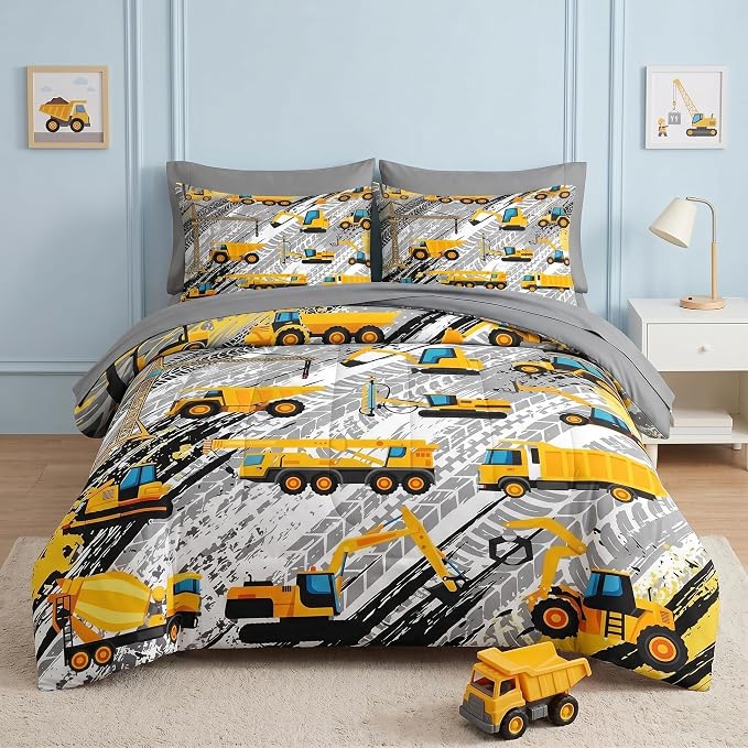 Nesker 5 Pcs Comforter Set Twin Size, Cartoon Yellow Vehicle Bedding for Kids Teen, Trucks Construction Bed Sheet with Pillowcase & Sham
