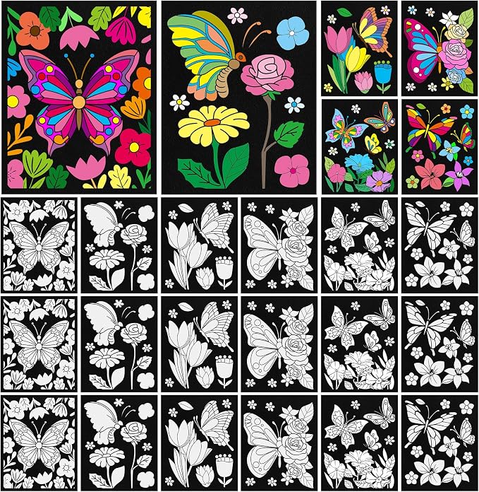 Cinrobiye 48 Pcs Velvet Coloring Posters Butterfly Fuzzy Posters to Color Bulk Felt Coloring Page Craft for Adults Teenagers All Ages Classroom Assisted Living Festive Holiday Art&Craft Activity