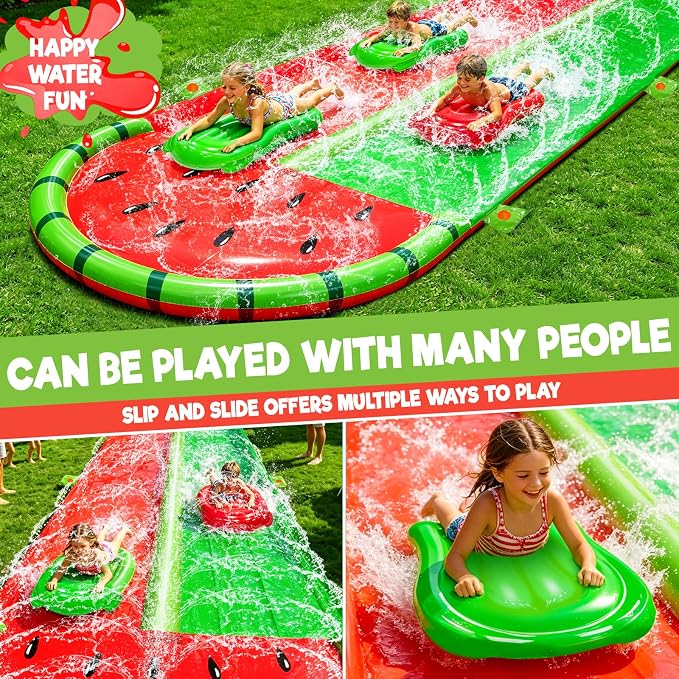 [ 3 Sided Safe Fence ] Watermelon Lawn Water Slides with 2 Bodyboards for Kids Adults, Heavy Duty Water Toys Sprinkler 2 Race Lane Outdoor Summer Beach Swimming Pool Water Game Party, 20 x 5.6 ft