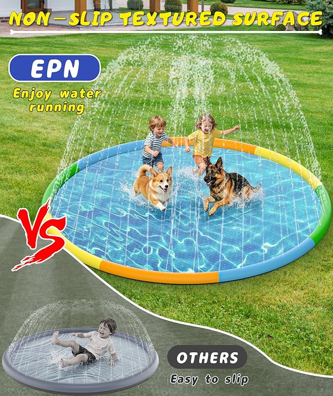 EPN Splash Pad for Kids & Dogs, 13FT Extra Large Dog Splash Pad & Sprinkler Water Play Mat, Big Outdoor Water Toy for Kids Ages 4-8, Toddlers 3+ & Pets, Non-Slip Thick PVC Backyard Lawn Summer Fun