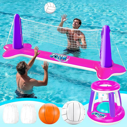 JOYIN Inflatable Pool Float Set Volleyball Net & Basketball Hoops, Floating Swimming Game Toy Floaties for Kids and Adults Volleyball Court (105”x28”x35”)|Basketball (27”x23”x27”),L-Pink Purple