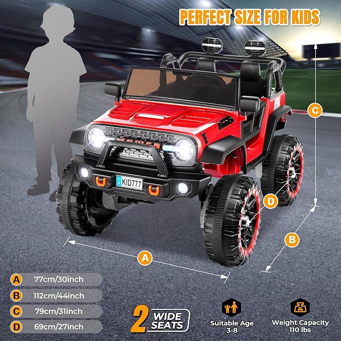 Hikole 24 Volt Electric Ride on Car, 2 Seater Battery Powered Car for Big Kids with Remote Control, 4WD/2WD Switchable Ride on Truck w/4 Spring Suspension, Music, 20" Wide Seat -Red