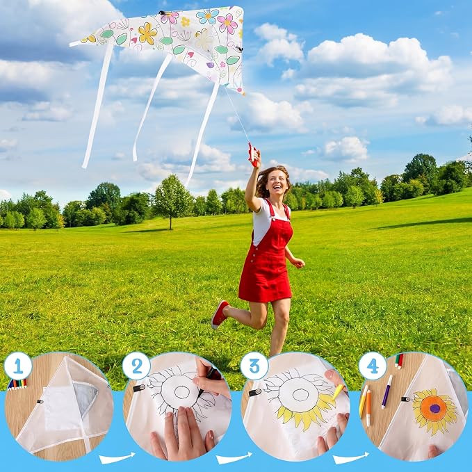 Honoson 20 Pieces DIY Blank Kite with Watercolor Pens and String 20 Inch Making Craft Kits Decorating Coloring Kite Pack for Outdoor and Activities