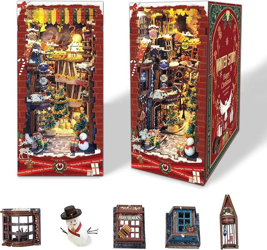 DIY Book Nook kit - Christmas Style Miniature House Kit Bookshelf Insert Decor, 3D Wooden Puzzle with LED Dust Cover, Gift for Adults Teens Birthdays - Christmas Snow Night