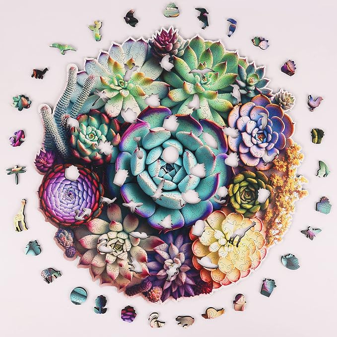 Mys Aurora Unique Wooden Jigsaw Puzzles - Mandala Succulent Plants, 500 Pcs King Size 16.9'' x 16.3'', Luxurious Shaped Wood Puzzle, Beautiful Package, Best Gift for Adults and Kids, Family Game