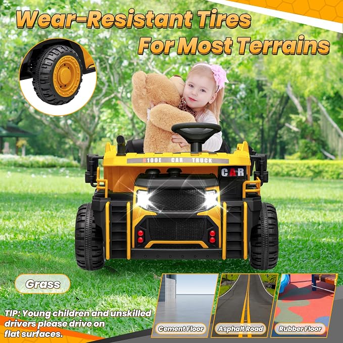 JOYRACER 24V 2 Seater Ride on Dump Truck w/400W Motors, Kids Ride On Car w/20'' Seat, Parent Remote, Electric Construction Vehicle w/Dump Bed & Shovel, 5Mph Max, Power Car Wheelers for Kids, Yellow