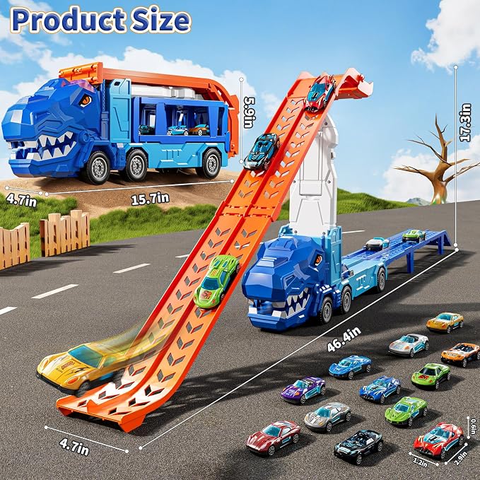 Race Track Truck Toys for 3 4 5 6 7 8 Years Old Boys, Carrier Vehicle Playset with 12 Die-Cast Racing Car Toys, 2-Tier Storage, Car Ramps, Birthday Gifts for Toddlers Kids Girls Age 3-5 4-8