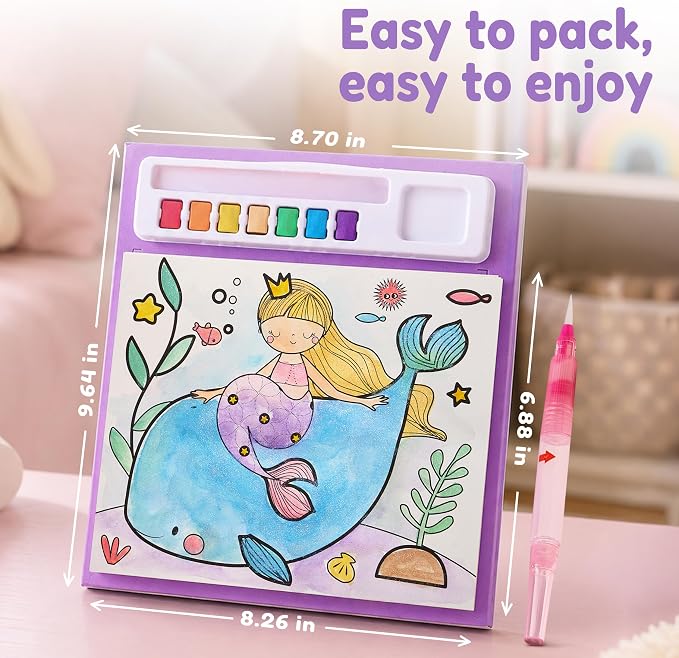 JoyCat Paint with Water Coloring Books & Creative Sticker(Ocean Princess) | Watercolor & Sticker Activity - 200 Pcs Stickers for Kids, Toddler Painting Set, Art & Craft Travel Toy Gifts for Boys Girls