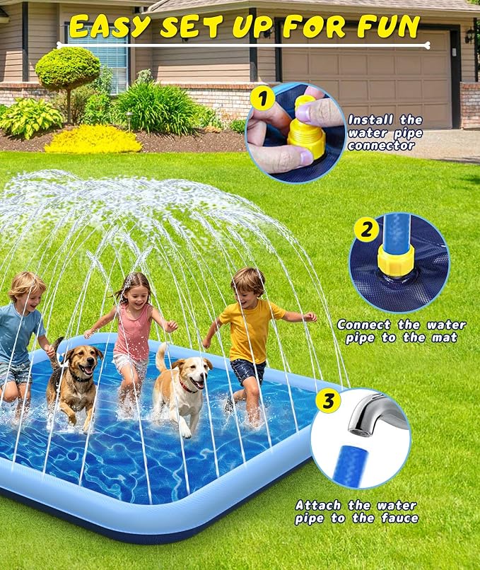 EPN Splash Pad, 127"- 90.5" Size Extra Large Sprinkler Play Mat for Dogs & Kids, Thicker Wading Pool Summer Outdoor Water Toys, Fun Backyard Fountain Play Pad for 3 Age+ Girls Boys Children & Pets
