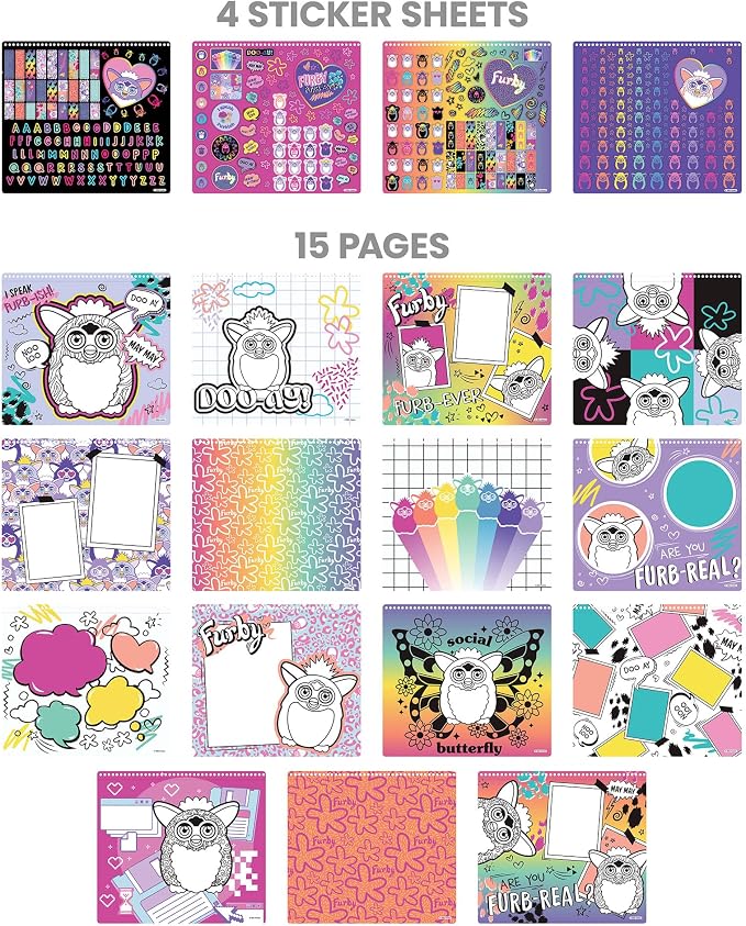 Fashion Angels Furby Color & Collage Portfolio, Includes 15 Posters & 4 Sticker Sheets with 450+ Stickers, Creative Coloring & Design Activity Kit for Kids
