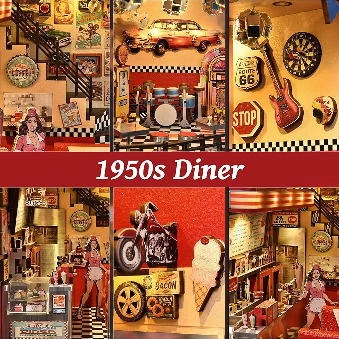 fifijoy Book Nook Kit - DIY Miniature House Dollhouse Kit for Adults and Teens, Booknook Retro Diner Bookshelf Decor 3D Wooden Puzzle with LED Light, Gifts for Family and Friends (1950s Diner)