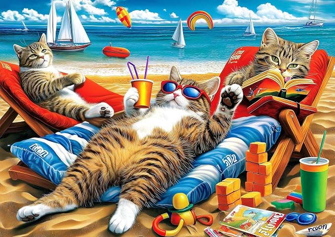 Vibrant Beach Jigsaw Puzzle for Adults 1000 Piece, Funny Cats Summer Vacation Scene, 27.56x19.69 Inches, Stress Relief & Home Decor, Entertaining Challenge