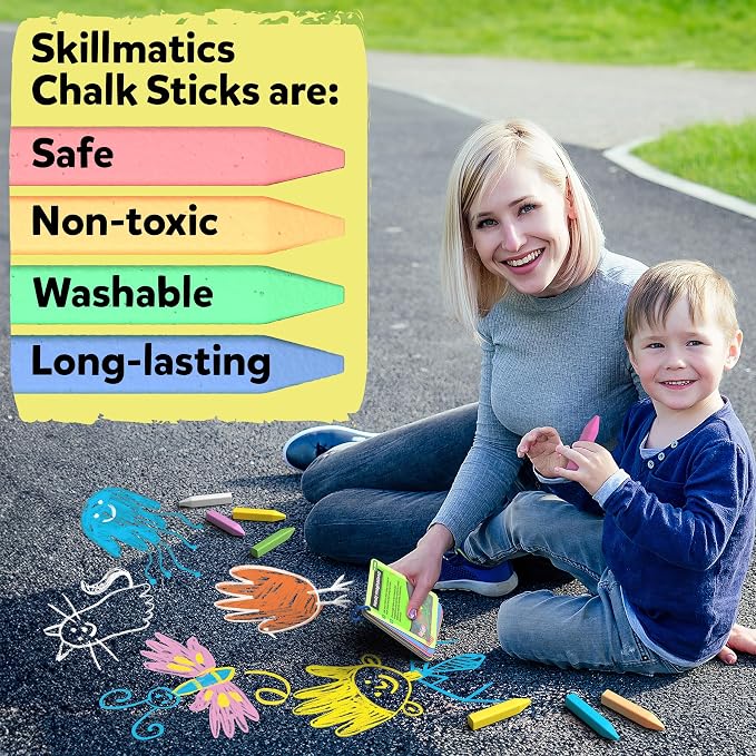 Skillmatics Sidewalk Chalk Activity Kit - Creative Outdoor Fun with 18 Washable Chalk Sticks, 15 Activities & Games for Kids, Gifts for Boys & Girls Ages 3, 4, 5, 6, 7, 8, 9, 10