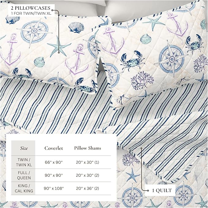 Great Bay Home Coastal Quilt Set - 2-Piece Twin/Twin XL Size Blue Nautical Bedding Set - Lightweight, All-Season, Reversible Bedspread (Nautical Motif)