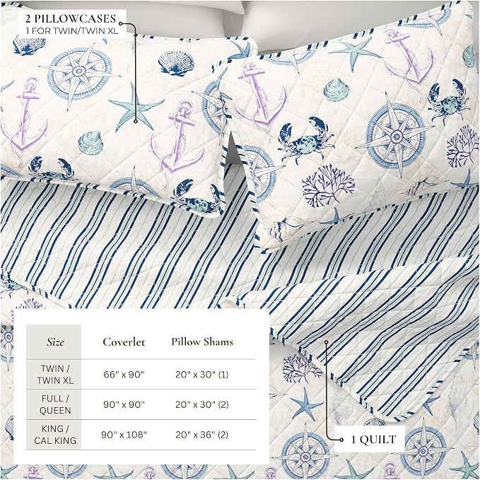 Great Bay Home Coastal Quilt Set - 3-Piece Full/Queen Size Blue Nautical Bedding Set - Lightweight, All-Season, Reversible Bedspread (Nautical Motif)