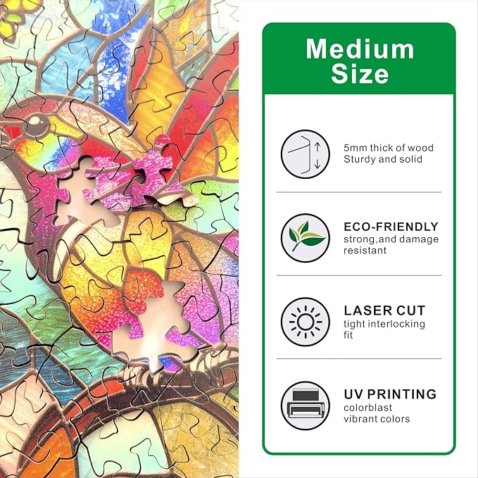 Hartmaze Stained Glass Hummingbird Wooden Puzzle, 178 Intricate Irregular Pieces, 11.2x11.2 Inch, Exquisite Wooden Gift Box – Vibrant Mosaic Art Jigsaw for Adults & Kids 8+
