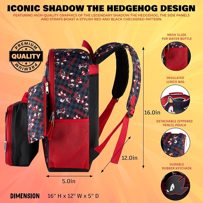AI ACCESSORY INNOVATIONS Sonic the Hedgehog 5 PC Backpack Set for Girls & Boys, 16” Book Bag Featuring Shadow The Hedgehog, Black
